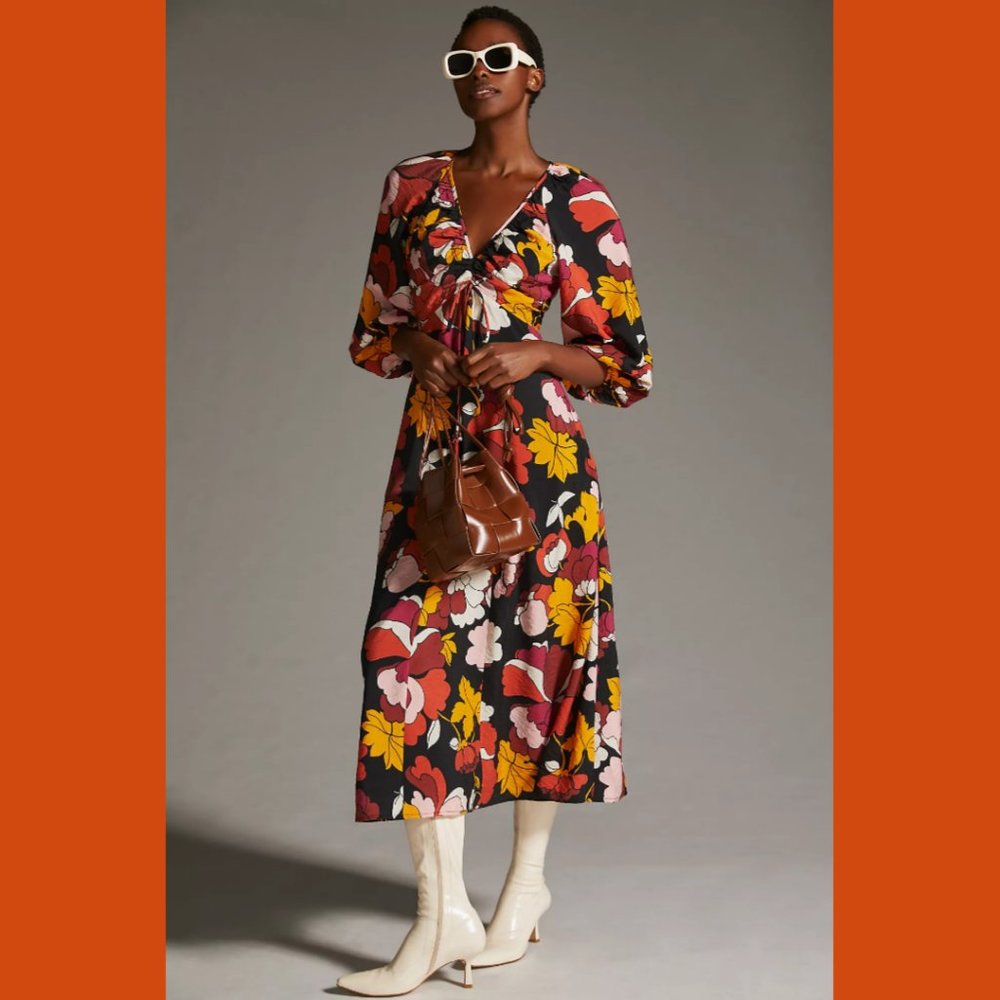 Anthropologie “Maeve” Deep V Ruched Midi Dress